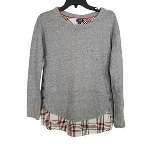 IZOD Women Gray Speckled Crew Neck Long Sleeve Plaid Hem Button Detail Top S